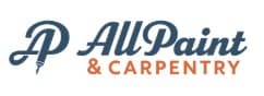 This is an image from All Paint & Carpentry, located in Georgia. The logo for All Paint & Carpentry features a stylized navy blue 'AP' monogram with a paintbrush accent alongside the company name in navy script with orange 'Carpentry' text underneath.