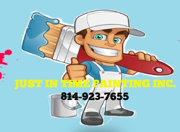 This is an image from Just In Time Painting Inc., located in Pennsylvania. The logo for Just In Time Painting Inc. features a cartoon painter holding a paintbrush with bold yellow text and a phone number on a light blue background.