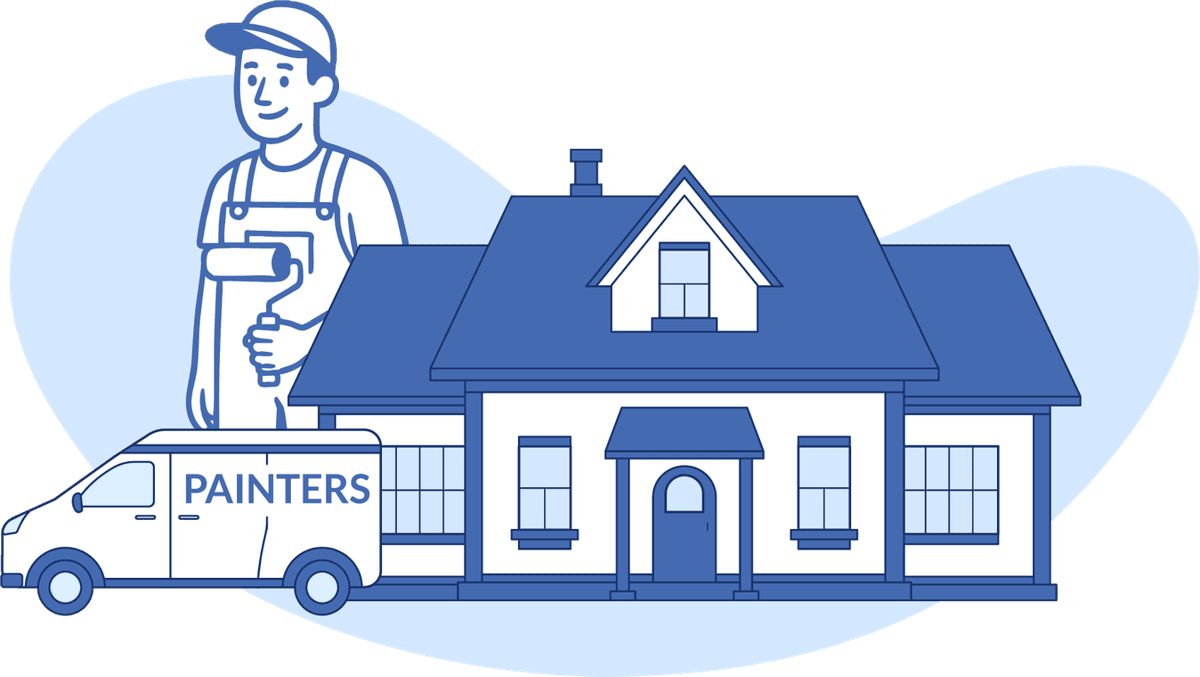 Smiling house painter holding a roller brush beside a residential home and branded painters van, representing professional house painting services