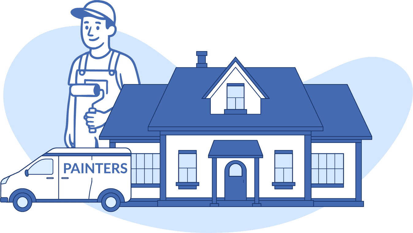 Smiling house painter holding a roller brush beside a residential home and branded painters van, representing professional house painting services