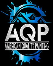 This is an image from American Quality Painting, located in Ohio. The logo for American Quality Painting features bold white lettering with a blue paint splash graphic, stylized house icon, and modern branding elements representing a professional painting company.