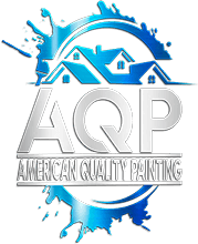 This is an image from American Quality Painting, located in Ohio. The logo for American Quality Painting features bold white lettering with a blue paint splash graphic, stylized house icon, and modern branding elements representing a professional painting company.