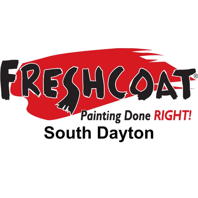 This is an image from Fresh Coat Painters of South Dayton, located in Ohio. The logo for Fresh Coat Painters of South Dayton features bold black lettering over a red paint-stroke background with the tagline “Painting Done Right!” and the location name displayed below