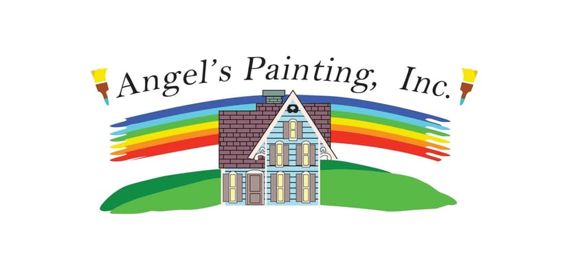 Logo of Angel's Painting, Inc. featuring a house illustration with a rainbow backdrop and two paintbrushes, symbolizing the company’s interior and exterior painting services.