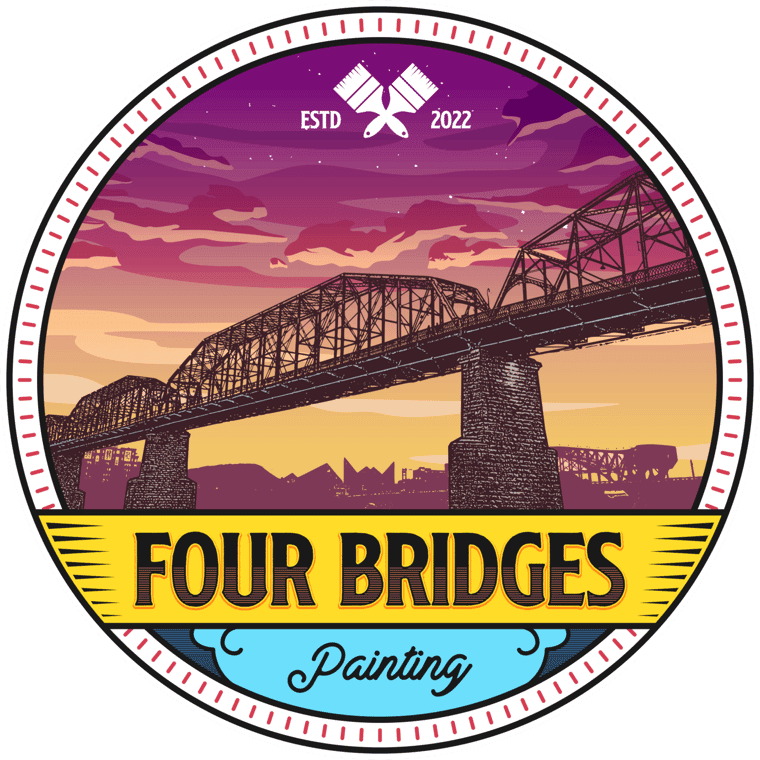 This is an image from Four Bridges Painting, located in Tennessee. The logo for Four Bridges Painting features a stylized bridge at sunset with bold purple and gold tones, crossed paintbrushes above, and the company name in black and yellow text.