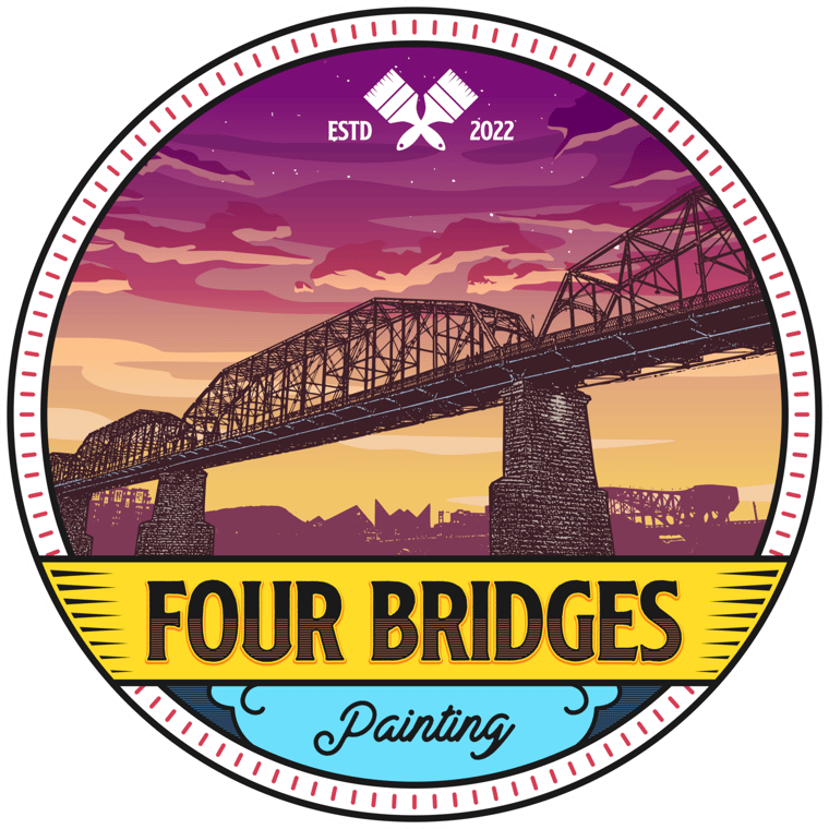 This is an image from Four Bridges Painting, located in Tennessee. The logo for Four Bridges Painting features a stylized bridge at sunset with bold purple and gold tones, crossed paintbrushes above, and the company name in black and yellow text.
