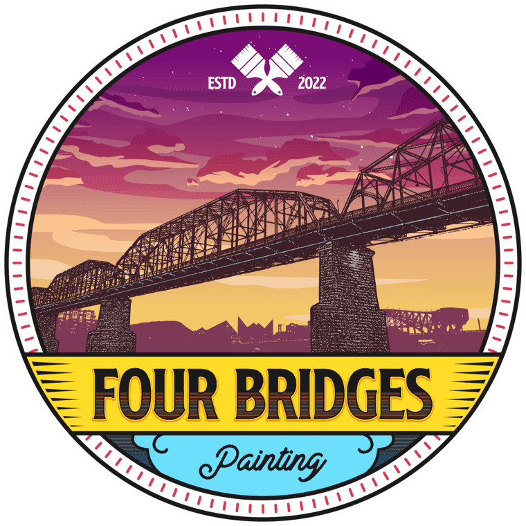 This is an image from Four Bridges Painting, located in Tennessee. The logo for Four Bridges Painting features a stylized bridge at sunset with bold purple and gold tones, crossed paintbrushes above, and the company name in black and yellow text.