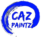 This is an image from CAZ Paintz LLC, located in New York. The logo for CAZ Paintz LLC features bold blue brush-stroke lettering forming a circular swoosh around the company name.