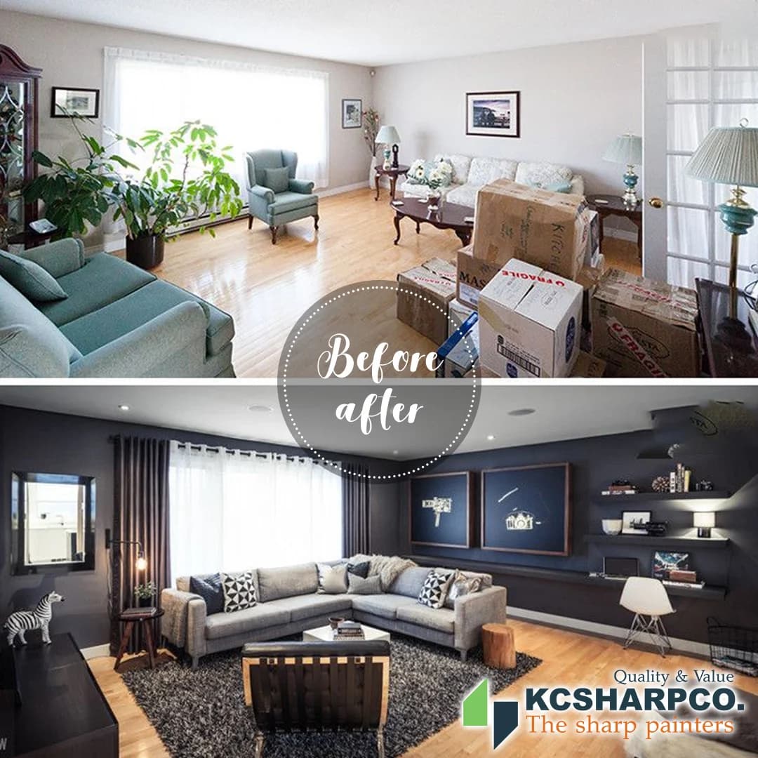 This is an image from KC Sharp Co. The image shows a before-and-after living room transformation, with the after photo featuring dark painted walls, updated décor, and KC Sharp Co. branding.