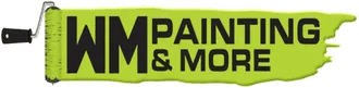 This is an image from WM Painting & More, located in Massachusetts. The logo for WM Painting & More features bold black text on a bright green paint-stroke background shaped like a paintbrush mark.