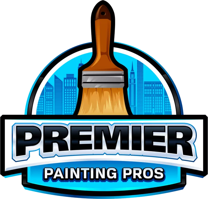 This is an image from Premier Painting Pros, located in New York. The logo for Premier Painting Pros features a large paintbrush centered above a blue city skyline with bold black and white lettering.