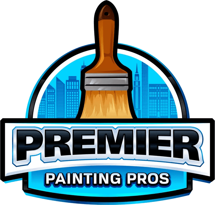 This is an image from Premier Painting Pros, located in New York. The logo for Premier Painting Pros features a large paintbrush centered above a blue city skyline with bold black and white lettering.