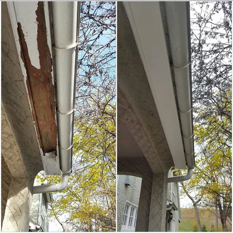 This is an image from Aluisy & Company, Inc. company, located in Stewartstown, PA,. The image is a before and after of fascia board repair and painting under gutters.