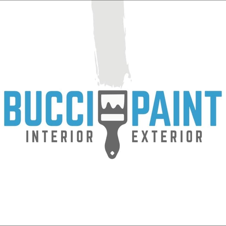This is the logo for Bucci Paint, a company specializing in interior and exterior painting. The design features a paintbrush incorporated into the company name with modern blue and gray tones.
