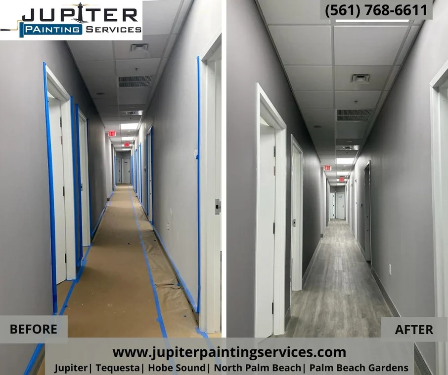 This is an image from Jupiter Painting Services company, located in Jupiter, FL. The image is a before and after commercial hallway repaint by Jupiter Painting Services, showing transformation from prepped walls with masking tape to smooth gray walls and clean white trim in a modern office corridor