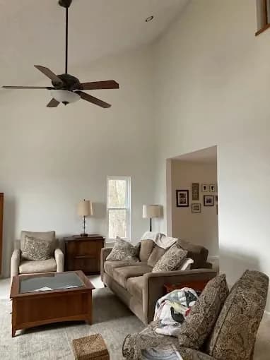 Painting work by McLain's Painting in Knoxville, Tennessee. The image shows a bright living room with pale walls and white trim.