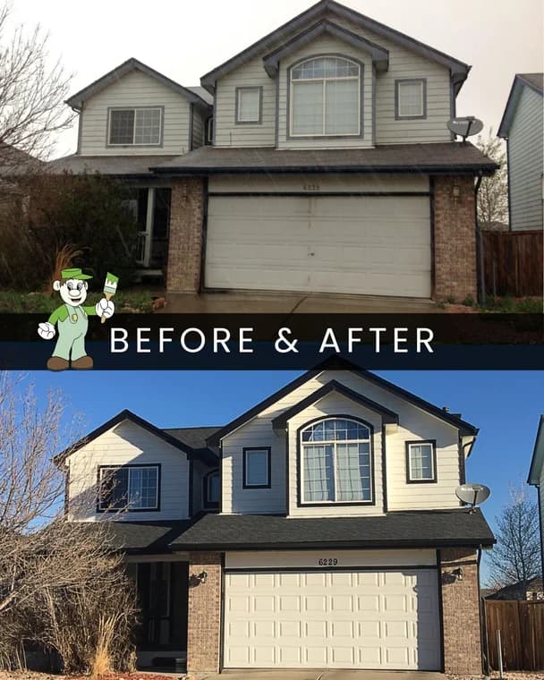This is an image from Paint Pals company, located in Timnath, CO The image is a  before and after photo of a two-story house exterior repainted by Paint Pals, transforming from faded gray siding with brick accents to fresh white siding with dark trim for a modern, polished look.