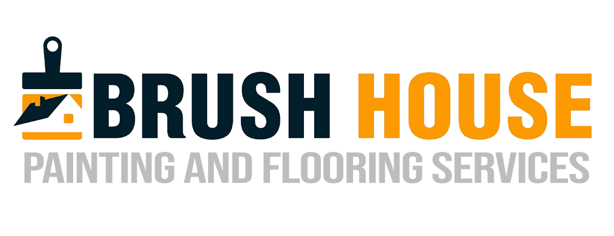 This is an image from Brush House Painting and Flooring Services of New Jersey, showing the logo of Brush House Painting & Flooring Services of North Jersey, featuring a paintbrush design with bold navy and orange text. 