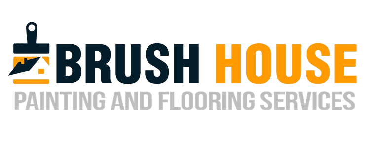 This is an image from Brush House Painting and Flooring Services of New Jersey, showing the logo of Brush House Painting & Flooring Services of North Jersey, featuring a paintbrush design with bold navy and orange text. 