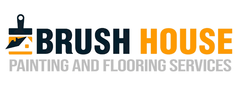 This is an image from Brush House Painting and Flooring Services of New Jersey, showing the logo of Brush House Painting & Flooring Services of North Jersey, featuring a paintbrush design with bold navy and orange text. 