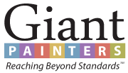 This is an image from Giant Painters, located in Illinois. The logo for Giant Painters features black text with a multicolored block-style painter wordmark and the tagline Reaching Beyond Standards.