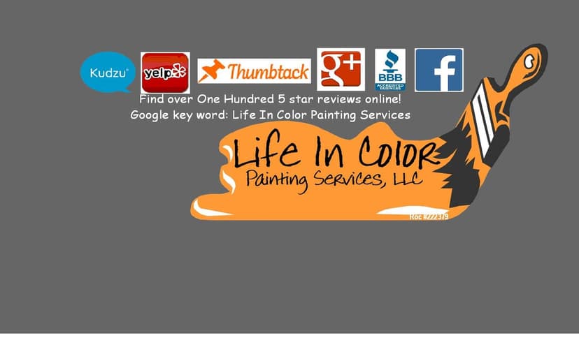 This is an image from Life in Color Painting Services company, located in Mesa, AZ The image is a Life In Color Painting Services LLC logo with orange paintbrush graphic and icons for Kudzu, Yelp, Thumbtack, Google+, Better Business Bureau, and Facebook, highlighting over 100 five-star online reviews.