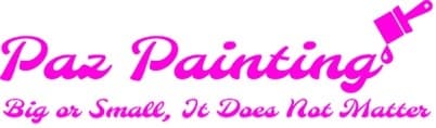 This is an image from Paz Painting, located in North Carolina. This is a Paz Painting logo in bright pink featuring a paintbrush graphic and the slogan "Big or Small, It Does Not Matter."
