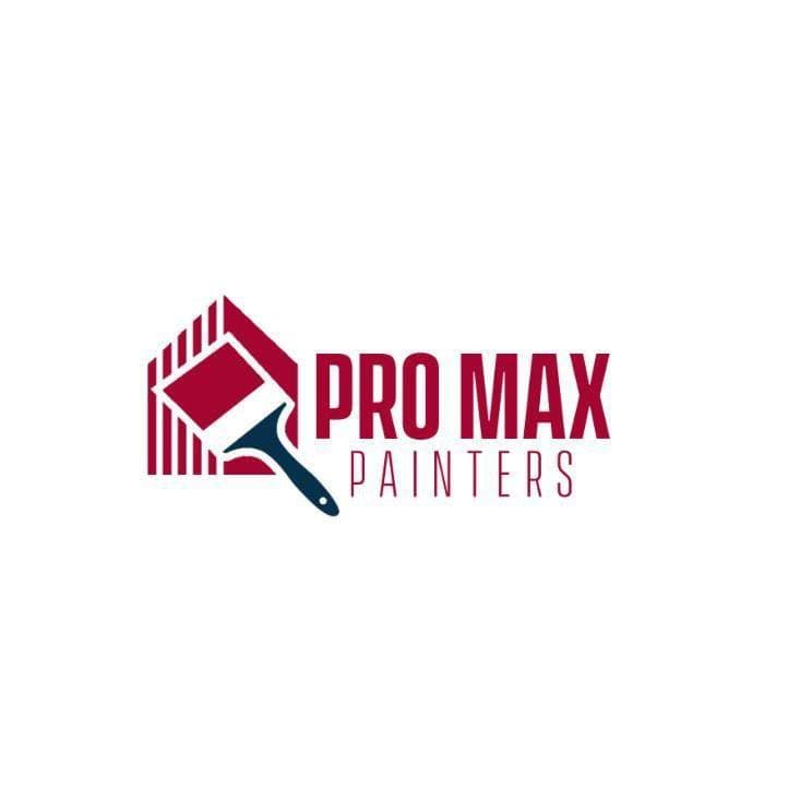 This is an image from Promax Painters company, located in Boynton Beach, FL. The image is a Pro Max Painters logo featuring a red paintbrush inside a geometric house outline with bold red and navy typography