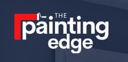 This is an image from The Painting Edge, located in Indiana. The logo for The Painting Edge features bold white text with a red paint roller icon on a dark blue background, representing the professional painting company.
