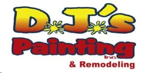 This is an image from DJ's Painting & Remodeling, located in Illinois. The logo for DJ's Painting & Remodeling features colorful yellow, blue, and red company text with small paint-splatter accents.