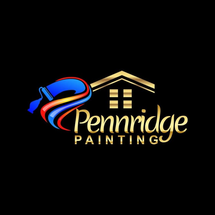 This is an image from Pennridge Painting company, located in Perkasie, PA,. The image is a Pennridge Painting logo with golden house icon and colorful paint brush swirl.