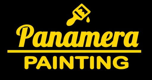 This is an image from Panamera Painting, located in Washington. The logo for Panamera Painting features bold yellow script text paired with a paint brush icon and a single drip on a black background, representing the painting company.