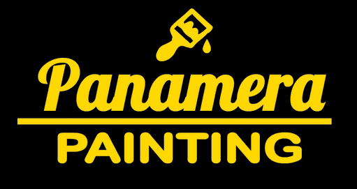 This is an image from Panamera Painting, located in Washington. The logo for Panamera Painting features bold yellow script text paired with a paint brush icon and a single drip on a black background, representing the painting company.