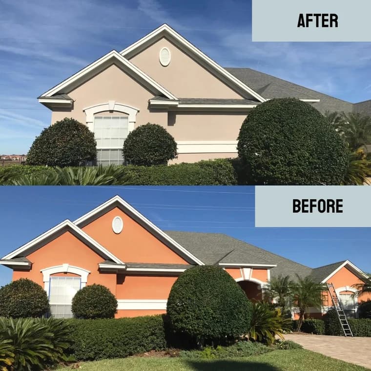 This is an image from Bright Side Painting Of Jax company, located in Jacksonville Beach, FL. The image is a before and after photo of exterior house painting showing transformation from bright orange stucco to a soft beige color with white trim
