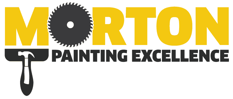 This is an image from Morton Painting, located in Pennsylvania. The logo for Morton Painting features bold yellow text with a circular saw blade forming the letter O and a paintbrush handle graphic integrated into the design.