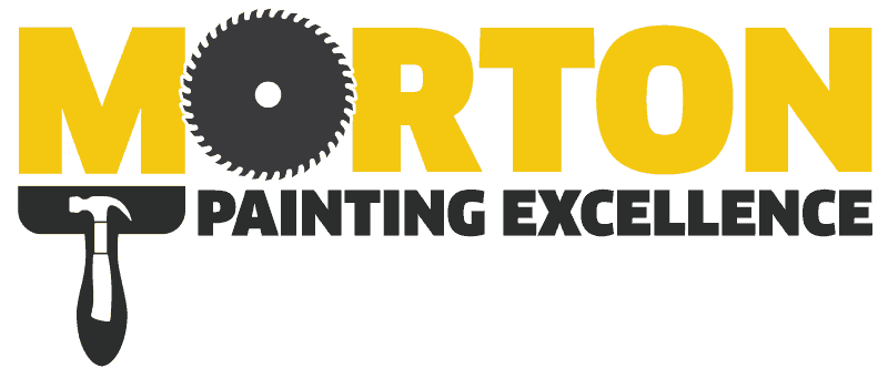 This is an image from Morton Painting, located in Pennsylvania. The logo for Morton Painting features bold yellow text with a circular saw blade forming the letter O and a paintbrush handle graphic integrated into the design.