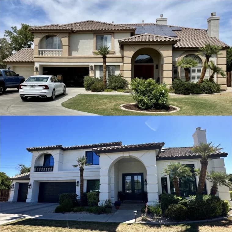 "This is an image from Painter1 of Greater North Austin, located in Texas. The before-and-after home exterior shows a tan house transformed with crisp white walls and dark contrasting trim and garage doors."