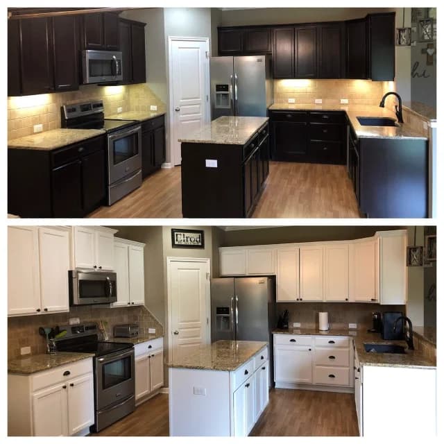 This is an image from Family Painting, located in Texas. The side-by-side comparison shows kitchen cabinets transformed from dark wood tones to a clean white finish.