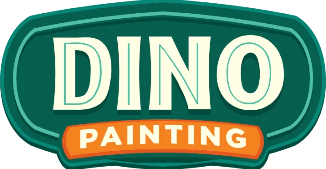 This is an image from Dino Painting, located in Pennsylvania. The logo for Dino Painting features bold cream-colored text on a dark green background with an orange banner highlighting the word painting.