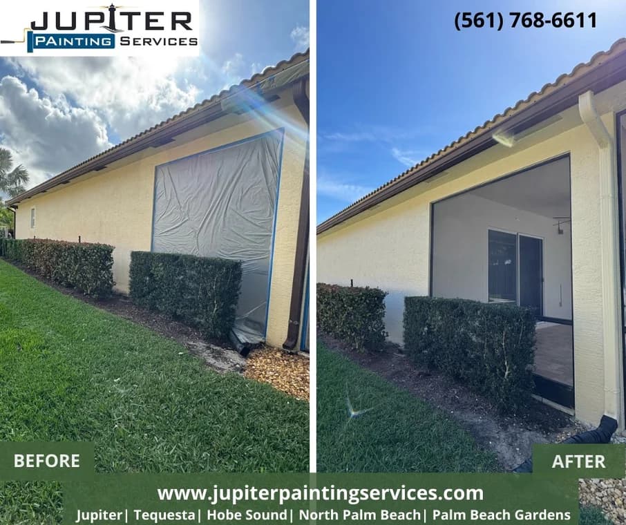 This is an image from Jupiter Painting Services company, located in Jupiter, FL. The image is a before and after exterior painting project by Jupiter Painting Services showing a stucco wall masked off for prep and then completed with a smooth painted finish around a patio opening