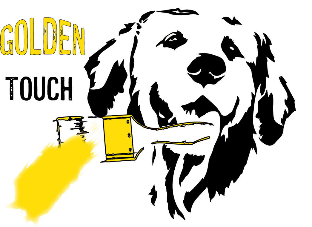 This is an image from Golden Touch Painting Company, located in Florida. The logo for Golden Touch Painting Company features bold yellow text reading 'Golden' with a black illustrated figure of a painter holding a brush leaving a golden paint stroke.