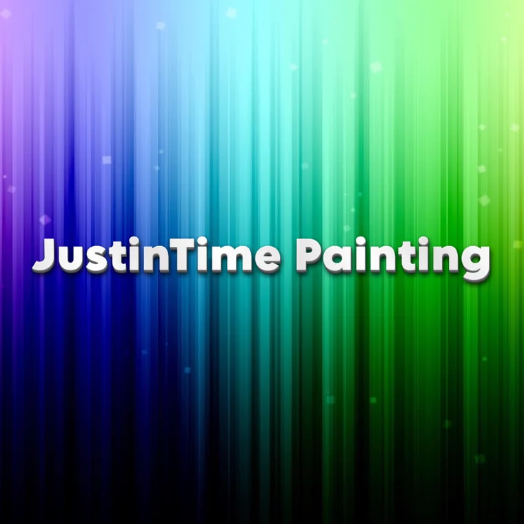 This is an image from Justintime Painting company, located in Port St. Lucie, FL. The image is a JustinTime Painting logo with bold white text over a vertical gradient background in shades of purple, blue, teal, and green.