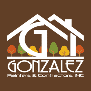 This is an image from Gonzalez Painters & Contractors, Inc., located in North Carolina. The logo for Gonzalez Painters & Contractors, Inc. features a white house-shaped outline with stylized trees beneath it on a brown background, symbolizing home improvement and painting services.