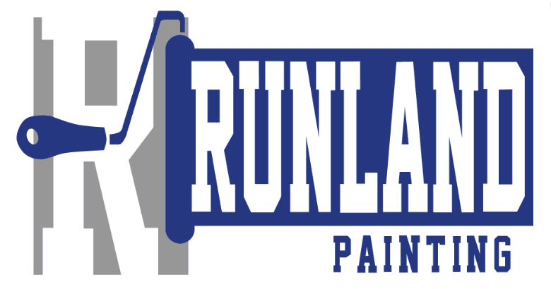 This is an image from Runland Painting, located in Washington. The logo for Runland Painting features bold blue and white text with a paint roller graphic integrated into a gray letter design.