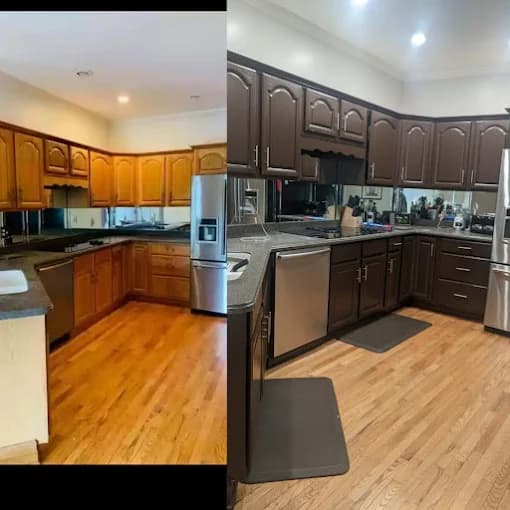 This is an image from CertaPro Painters of WNY, located in New York. The photo shows a kitchen before-and-after comparison, with oak cabinets transformed into dark brown painted cabinetry.