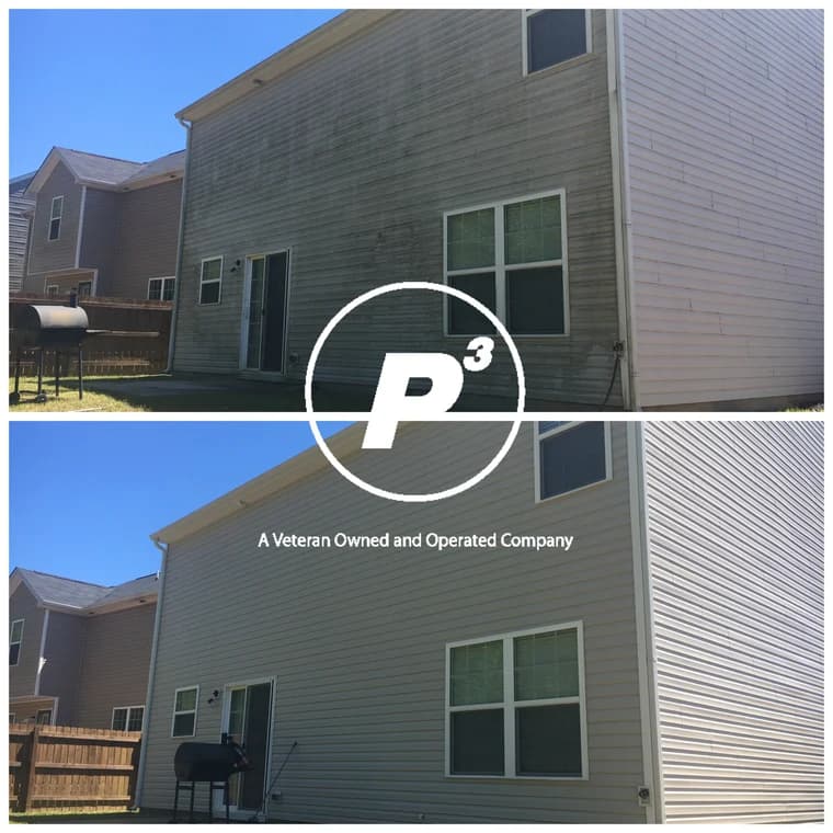 Side view of a house siding before and after pressure washing, with the top image showing heavy dirt buildup and the bottom image showing the surface restored to clean white.