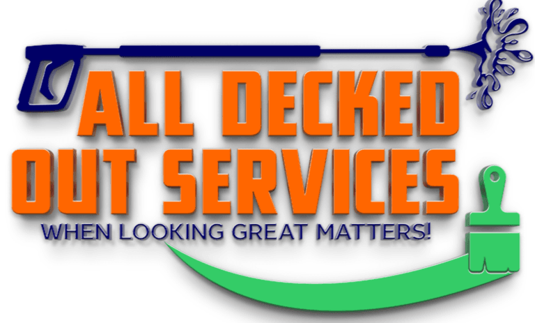 This is an image from All Decked Out Services, located in Pennsylvania. The logo for All Decked Out Services features bold orange lettering with a blue pressure washing wand graphic and a green paintbrush design.