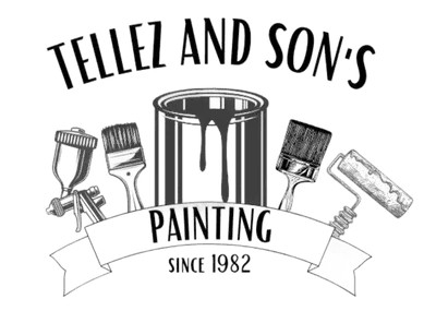 "This is an image from Tellez & Sons Painting, located in Texas. The logo for Tellez & Sons Painting features a paint can surrounded by detailed illustrations of brushes and a roller."