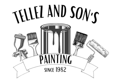 "This is an image from Tellez & Sons Painting, located in Texas. The logo for Tellez & Sons Painting features a paint can surrounded by detailed illustrations of brushes and a roller."