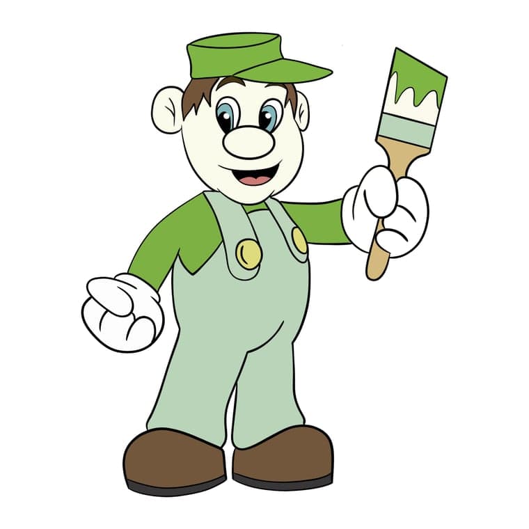 This is an image from Paint Pals company, located in Timnath, CO The image is a  Paint Pals logo featuring a friendly cartoon painter in green overalls and cap holding a paintbrush with green paint, representing residential and commercial painting services.